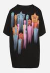 Czarny Oversizowy T-shirt z Napisem z Przodu i Gwiazdami na Plecach Ilanlith