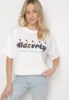 Biały Oversizowy T-shirt z Napisem z Przodu i Gwiazdami na Plecach Ilanlith
