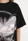 Czarny T-shirt Oversize z Bawełny z Nadrukiem z Motylem Nonatira