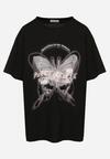 Czarny T-shirt Oversize z Bawełny z Nadrukiem z Motylem Nonatira