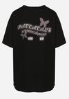 Czarny T-shirt Oversize z Bawełny z Nadrukiem z Motylem Nonatira