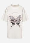 Biały T-shirt Oversize z Bawełny z Nadrukiem z Motylem Nonatira