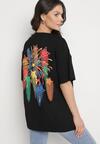 Czarny T-shirt Oversize z Kolorowym Napisem i Gwiazdkami Iloviela