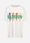 Biały T-shirt Oversize z Kolorowym Napisem i Gwiazdkami Iloviela