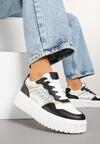 Czarno-Białe Sneakersy na Tłoczonej Podeszwie ze Zdobieniami w Panterkę Gerraza