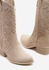 Ciemnobeżowe Ażurowe Botki na Obcasie w Stylu Kowbojek Lissemi