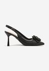 Czarne Plecione Sandały Slingback na Szpilce Zdobione Kwiatową Aplikacją Willifia