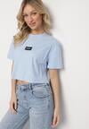 Niebieski Bawełniany T-shirt Crop Top z Naszywką Adivios