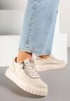Beżowe Skórzane Sneakersy w Streetwearowym Stylu Zdobione Suwakiem Elearessa