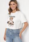 Biały Bawełniany T-shirt o Krótkim Kroju z Misiem Elanorel