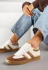 Beżowo-Białe Sneakersy Typu Kultowe Tenisówki z Ozdobnymi Przeszyciami Selfia
