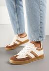 Beżowo-Białe Sneakersy Typu Kultowe Tenisówki z Ozdobnymi Przeszyciami Selfia