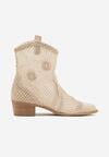 Jasnobeżowe Ażurowe Botki w Stylu Kowbojek na Stożku ze Skórzaną Wkładką Xalozi