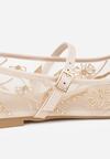 Beżowe Balerinki z Siateczki Ozdobione Haftami ze Sprzączką Divalen