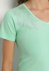 Jasnozielony Bawełniany T-shirt z Dekoltem w Serek z Cyrkoniową Aplikacją Nirivale