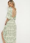 Zielono-Kremowa Sukienka Wiskozowa Rozkloszowana z Odkrytymi Plecami w Print Boho Turaisa