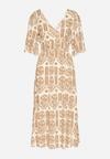 Ciemnobeżowa Sukienka Wiskozowa Rozkloszowana z Odkrytymi Plecami w Print Boho Turaisa
