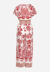 Bordowy Taliowany Kombinezon z Wiskozy w Print Boho z Kopertowym Dekoltem Nelazi