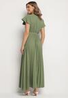 Ciemnozielona Elegancka Sukienka Maxi w Plisy z Kopertowym Dekoltem i Wiązaniem Thessi