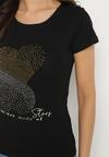 Czarny Bawełniany T-shirt Ozdobiony Cyrkoniami i Napisem Divera