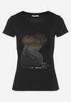 Czarny Bawełniany T-shirt Ozdobiony Cyrkoniami i Napisem Divera