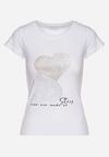 Biały Bawełniany T-shirt Ozdobiony Cyrkoniami i Napisem Divera