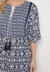 Granatowa Bawełniana Sukienka w Stylu Boho z Wiązaniem Przy Dekolcie Orradelle
