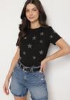 Czarny Bawełniany T-shirt z Cyrkoniowymi Aplikacjami w Gwiazdki Tenivella