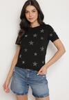 Czarny Bawełniany T-shirt z Cyrkoniowymi Aplikacjami w Gwiazdki Tenivella