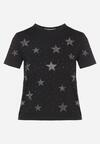 Czarny Bawełniany T-shirt z Cyrkoniowymi Aplikacjami w Gwiazdki Tenivella