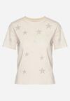 Beżowy Bawełniany T-shirt z Cyrkoniowymi Aplikacjami w Gwiazdki Tenivella