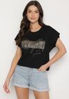 Czarny T-shirt z Bawełny Typu Nietoperz z Cyrkoniami i Perełkami Linellis