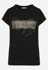 Czarny T-shirt z Bawełny Typu Nietoperz z Cyrkoniami i Perełkami Linellis