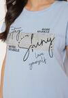 Jasnoniebieski T-shirt z Bawełny Typu Nietoperz z Cyrkoniami i Perełkami Linellis