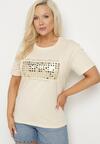 Beżowy T-shirt Bawełniany Ozdobiony Cekinami Lirenell