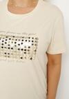 Beżowy T-shirt Bawełniany Ozdobiony Cekinami Lirenell