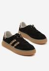 Czarne Skórzane Sneakersy Klasyczne Tenisówki z Zamszu Naturalnego ze Wzorem w Panterkę Teniresela