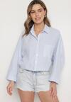 Niebieska Koszula Oversize w Cienkie Paseczki z Bawełną Ovivira