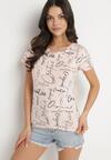 Różowy T-shirt z Bawełny Zdobiony Nadrukiem z Napisami Mirindela