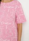 Różowy T-shirt Oversize z Bawełny Zdobiony Nadrukiem Sinelra