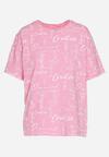 Różowy T-shirt Oversize z Bawełny Zdobiony Nadrukiem Sinelra