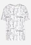 Biały T-shirt Oversize z Bawełny Zdobiony Nadrukiem Sinelra