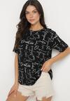 Czarny T-shirt Oversize z Bawełny Zdobiony Nadrukiem Sinelra