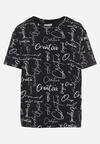 Czarny T-shirt Oversize z Bawełny Zdobiony Nadrukiem Sinelra