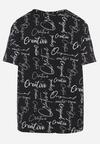 Czarny T-shirt Oversize z Bawełny Zdobiony Nadrukiem Sinelra