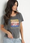 Ciemnoszary Bawełniany T-shirt Ozdobiony Nadrukiem Alonera