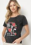 Czarny T-shirt z Bawełny Ozdobiony Napisami i Kwiatami Savierele