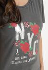 Ciemnoszary T-shirt z Bawełny Ozdobiony Napisami i Kwiatami Savierele