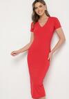 Czerwona Sukienka Dopasowana Bodycon z Dekoltem w Serek Efricene
