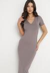 Szara Sukienka Dopasowana Bodycon z Dekoltem w Serek Efricene